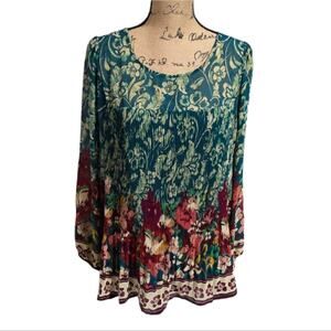 Anthropologie x Fig & Flower Floral Teal  Pink Pleated Shirt Plus Size 2X 3X New